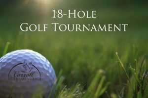 An image of golf ball in the grass with text that reads 18-hole golf tournament.