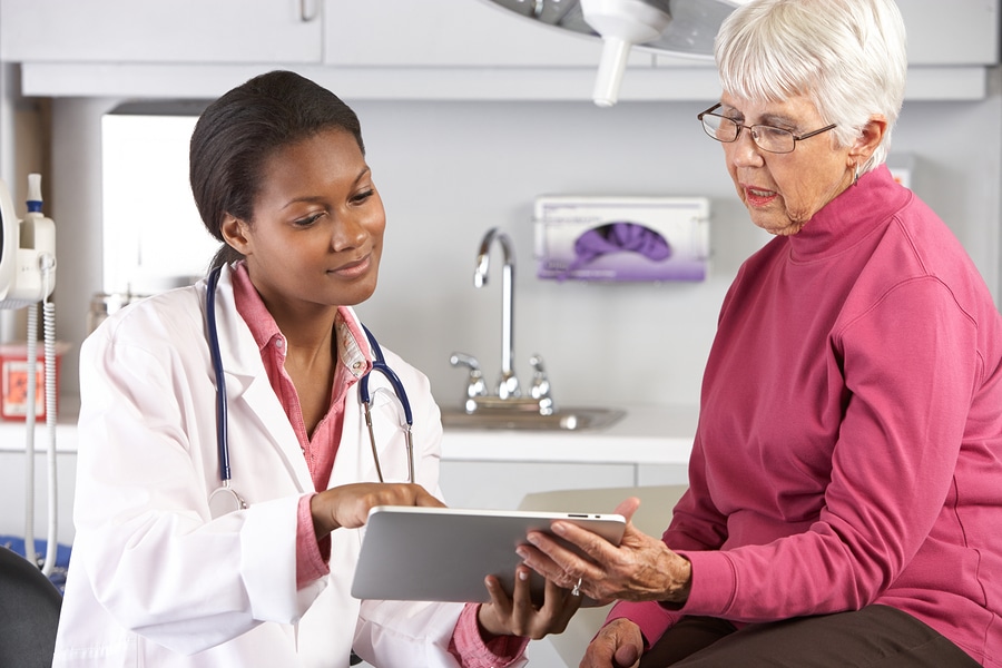 older adult talking with doctor