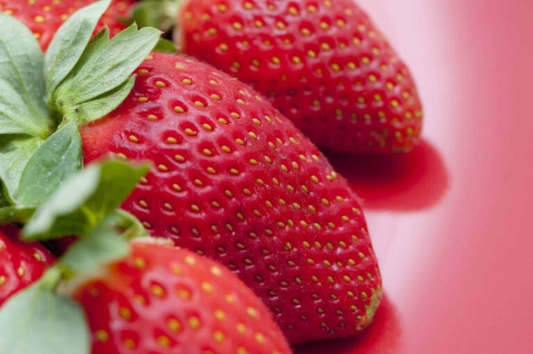 Fresh strawberries with green leaves