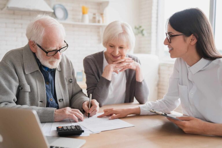 Seniors working together on finances, funding senior care living, senior finances