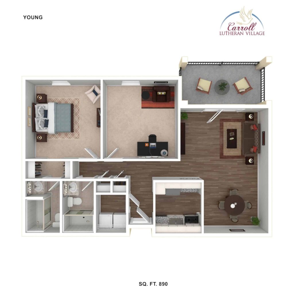 The 890 square foot Young model is a one bedroom, 2-bathroom apartment