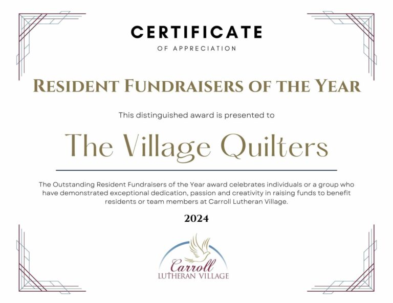 The award presented to The Village Quilters at Carroll Lutheran Village's Annual Fund Campaign kick-of event in September 2024.