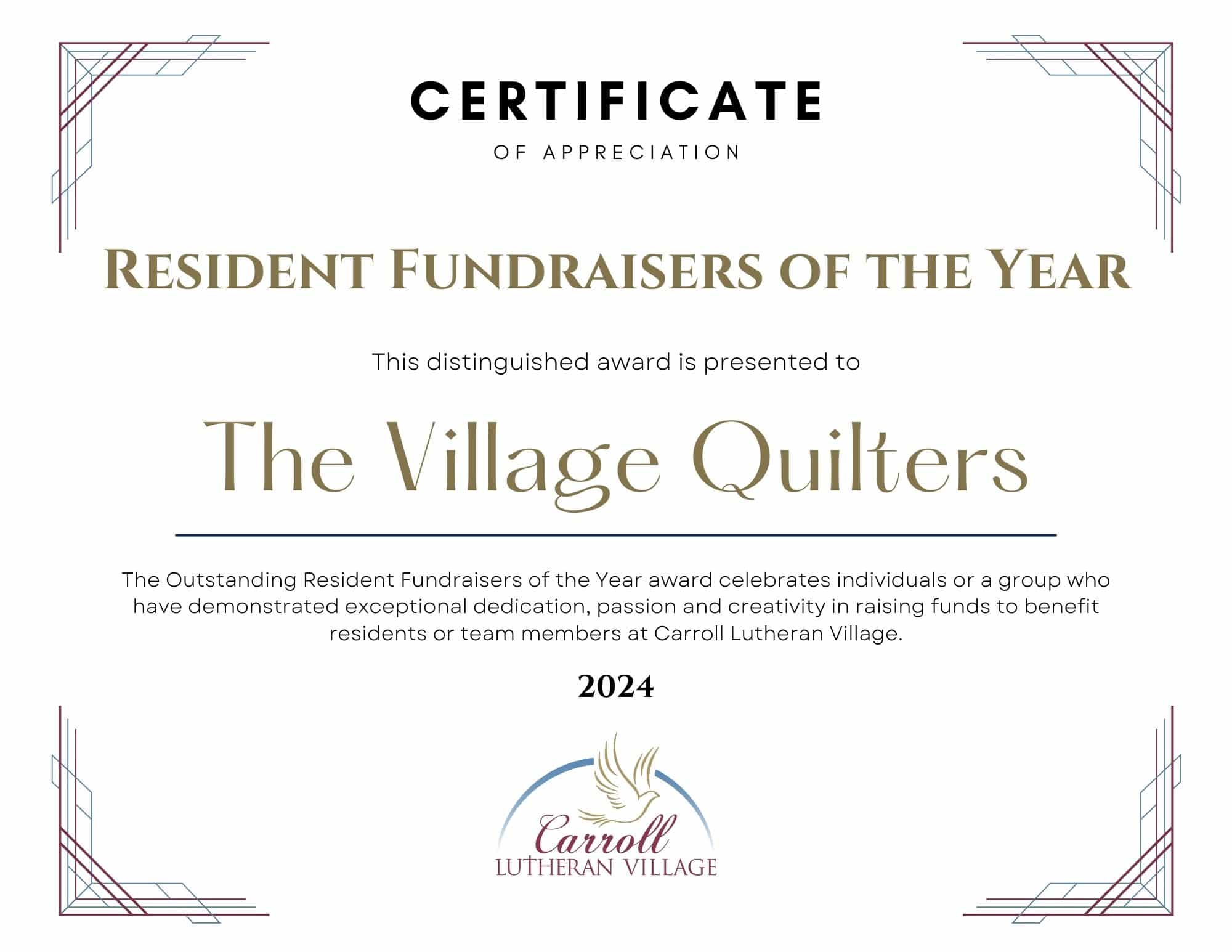 The award presented to The Village Quilters at Carroll Lutheran Village's Annual Fund Campaign kick-of event in September 2024.