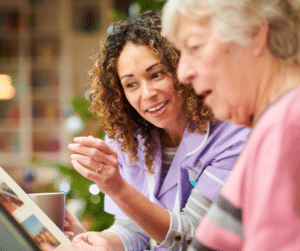 Adult child visiting parent with dementia.