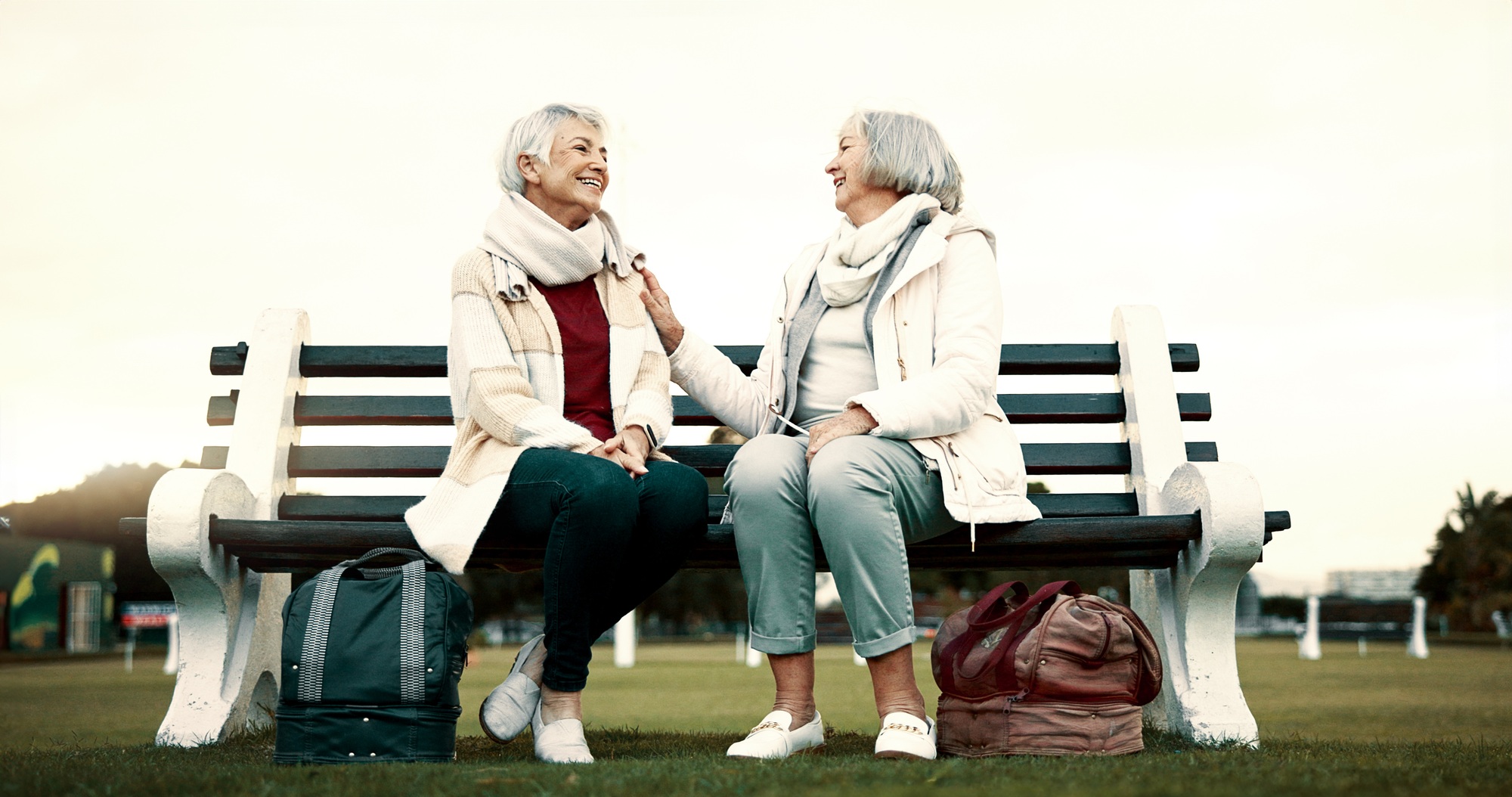 Women, bench or old people talking in park or nature speaking or bonding together in retirement out